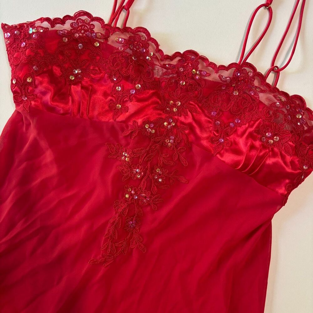 Je Tadore Lingerie Womens XL Red Sequin Lace Babydoll Chemise Sheer Side Slits